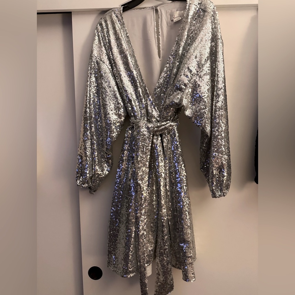 Silver sparkle tie cocktail dress.